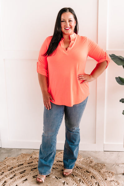 Button Sleeve Detail Gabby Top In Neon Coral