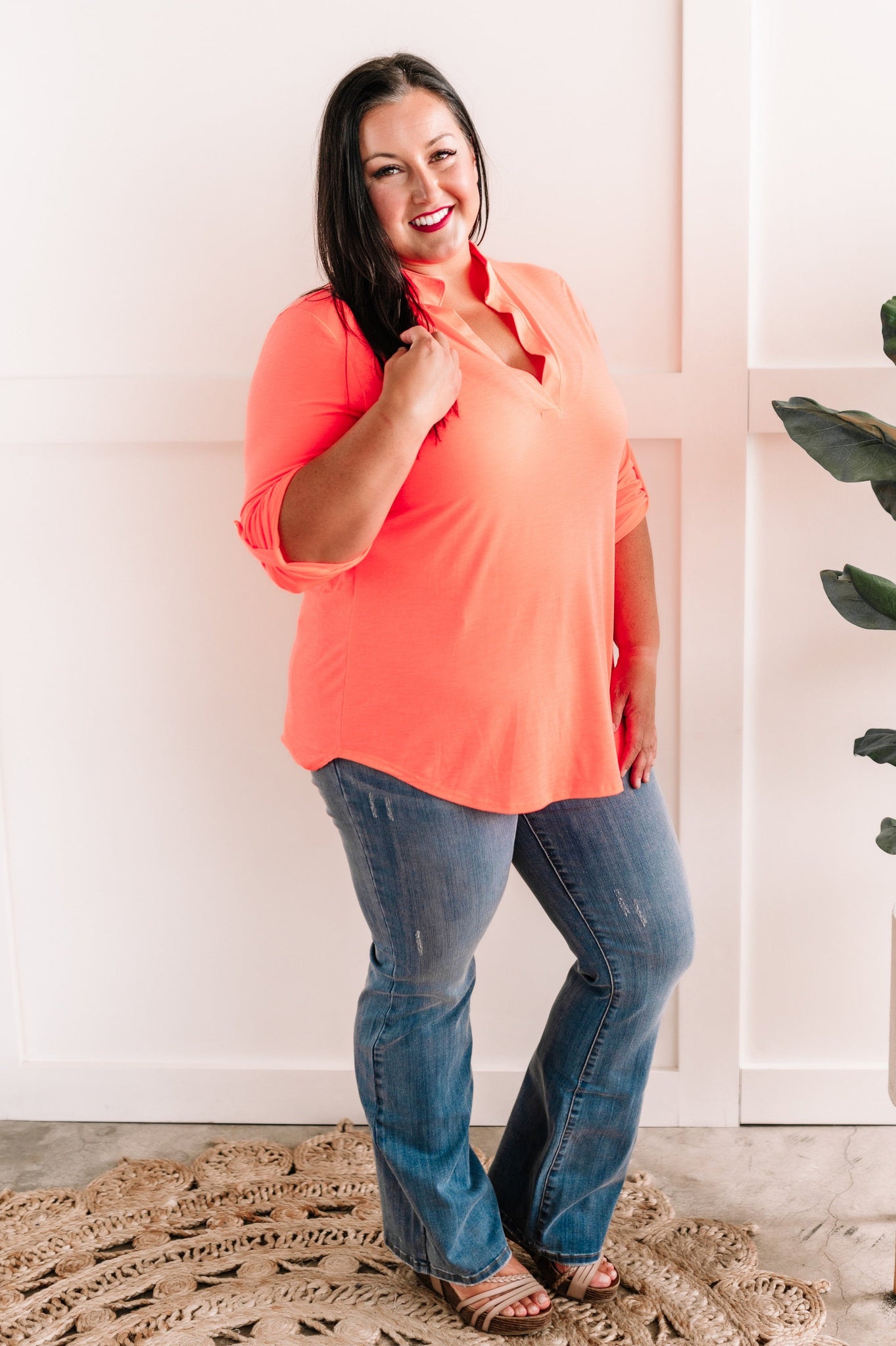 Button Sleeve Detail Gabby Top In Neon Coral