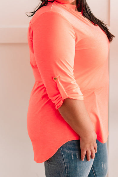 Button Sleeve Detail Gabby Top In Neon Coral