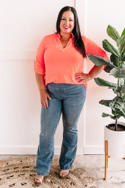 Button Sleeve Detail Gabby Top In Neon Coral