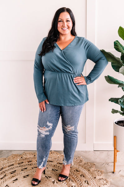 08.04 Surplice Long Sleeve Peplum Top In Teal 11.20