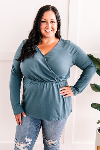 08.04 Surplice Long Sleeve Peplum Top In Teal 11.20