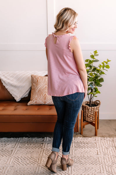 OUTLET Chills And Frills Ruffle Neck Tank In Charming Pink