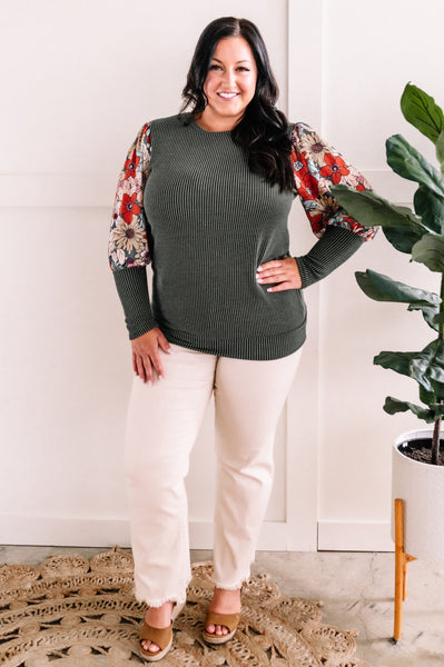 Olive Knit Top With Floral Sleeves