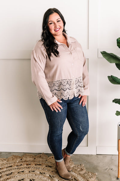 Button Down Crochet Hem Top In Soft Taupe