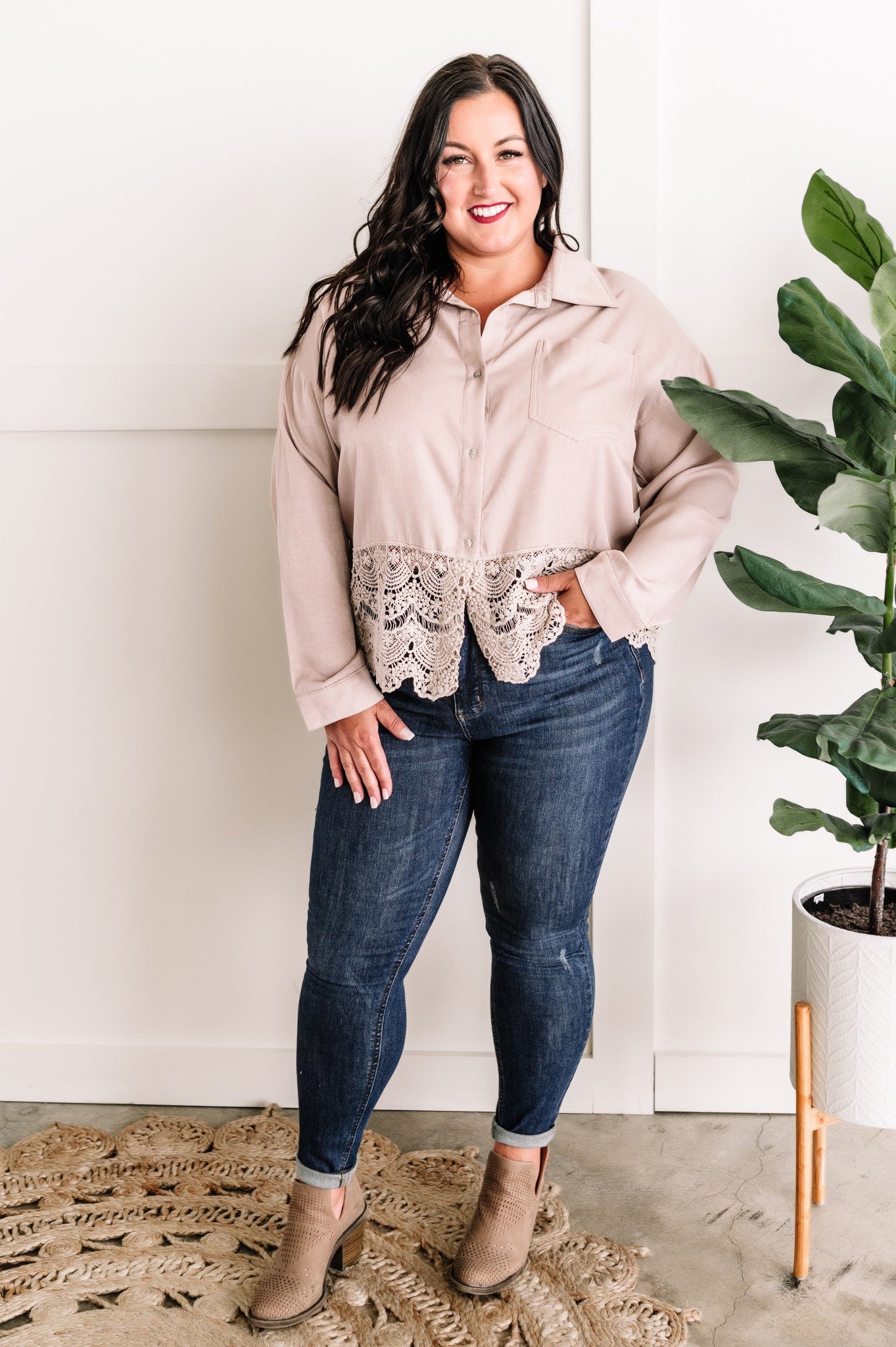 Button Down Crochet Hem Top In Soft Taupe