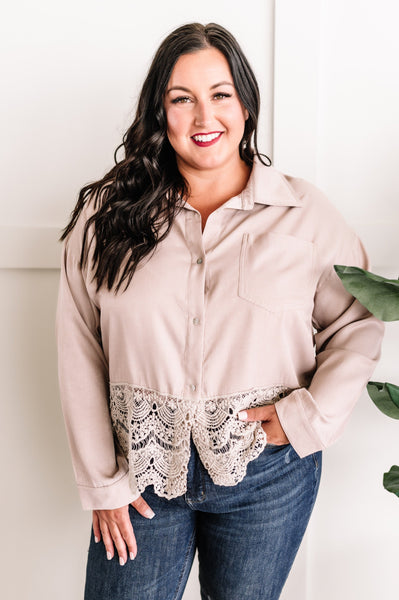 Button Down Crochet Hem Top In Soft Taupe