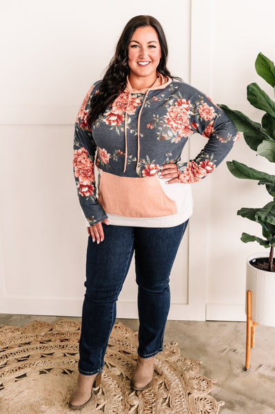 Color Block Long Sleeve Hoodie In Navy Florals