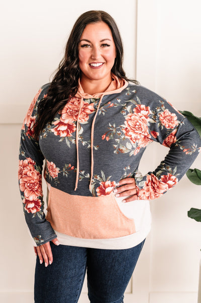 Color Block Long Sleeve Hoodie In Navy Florals