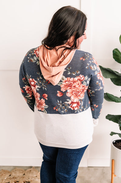 Color Block Long Sleeve Hoodie In Navy Florals