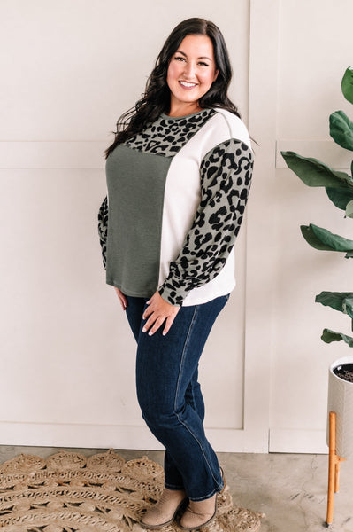 Color Block Long Sleeve Top In Sage & Leopard