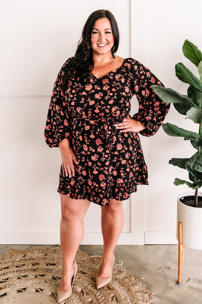 Long Sleeve Black Floral Dress With Tie Belt In Midnight Rose