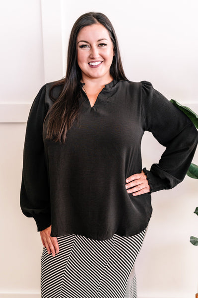 Woven Blouse With Smocked Cuffs In Jet Black