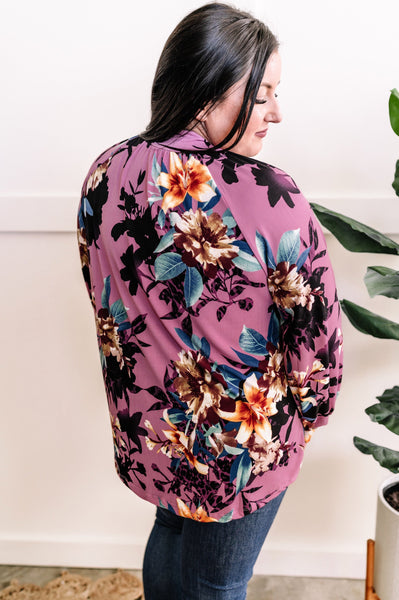 Mock Neck Long Sleeve Floral Top In French Violet