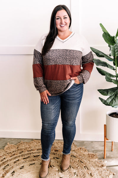 V Neck Long Sleeve Color Block Top In Rust & Neutral Leopard