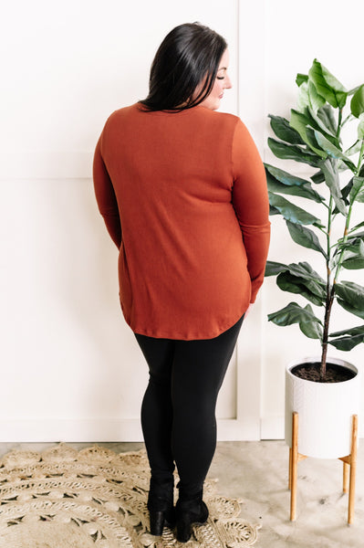 Button Front Long Sleeve Knit Henley In Pumpkin Spice