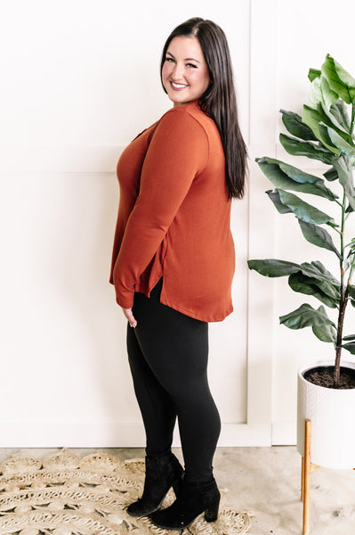 Button Front Long Sleeve Knit Henley In Pumpkin Spice