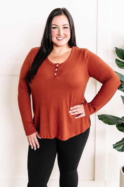 Button Front Long Sleeve Knit Henley In Pumpkin Spice