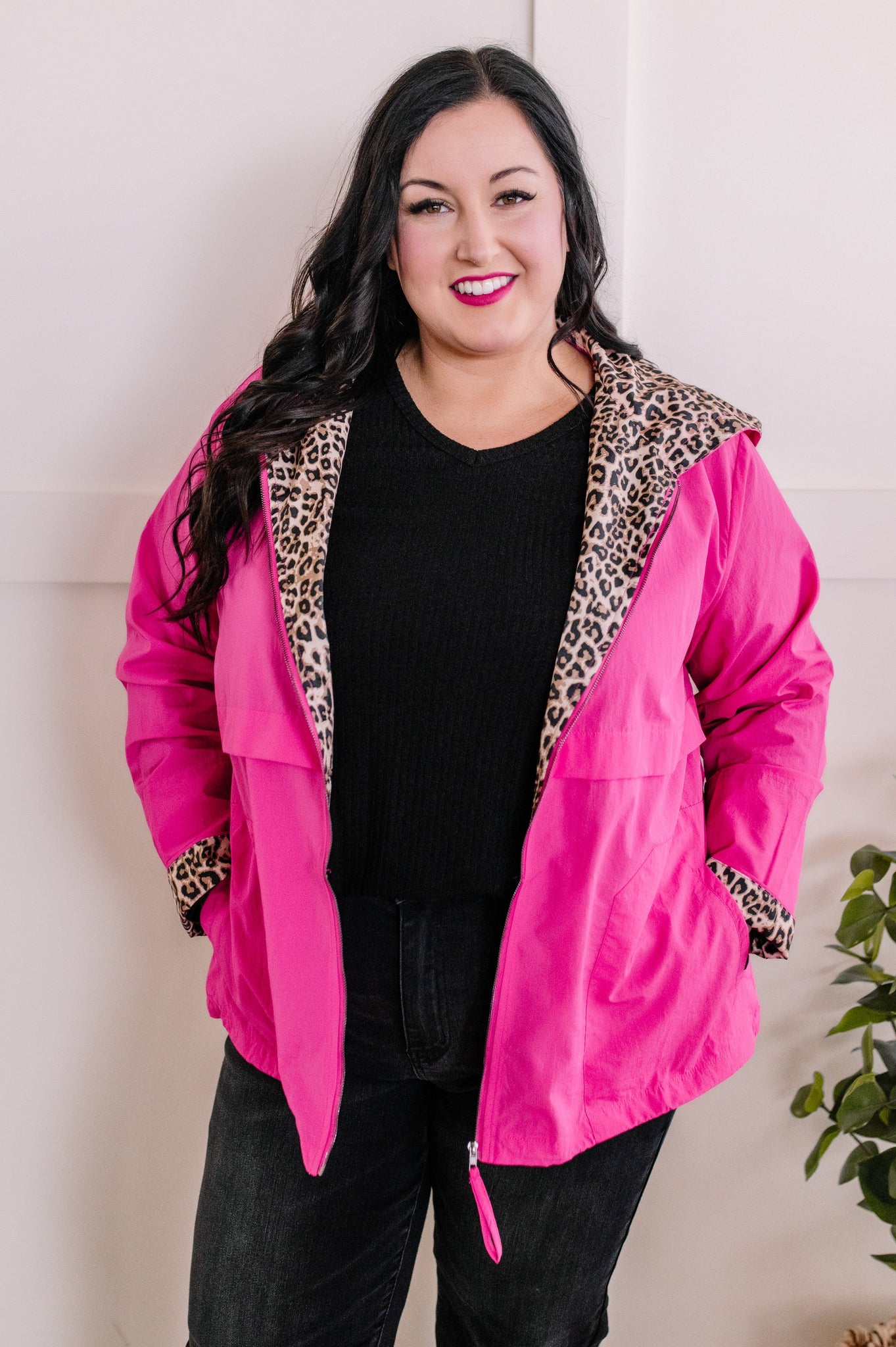 Lightweight Hooded Jacket With Animal Print Detail In Hot Pink