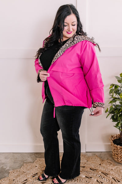 Lightweight Hooded Jacket With Animal Print Detail In Hot Pink