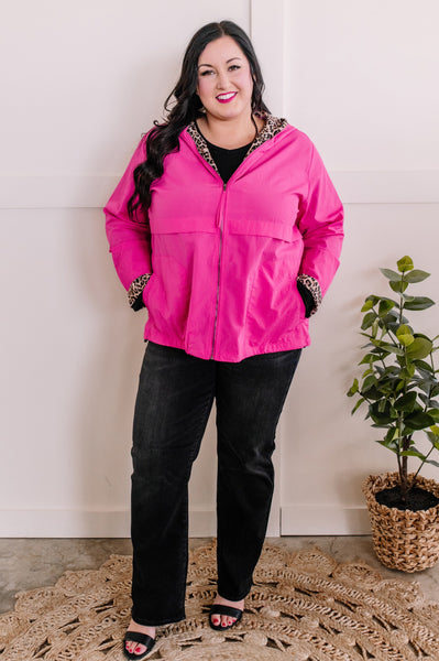 Lightweight Hooded Jacket With Animal Print Detail In Hot Pink