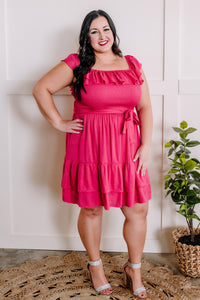Tiered Smocked Dress With Belt In Bright Spanish Pink