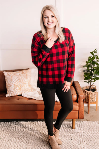 OUTLET Tell Me Lies V Neck Top In Buffalo Plaid