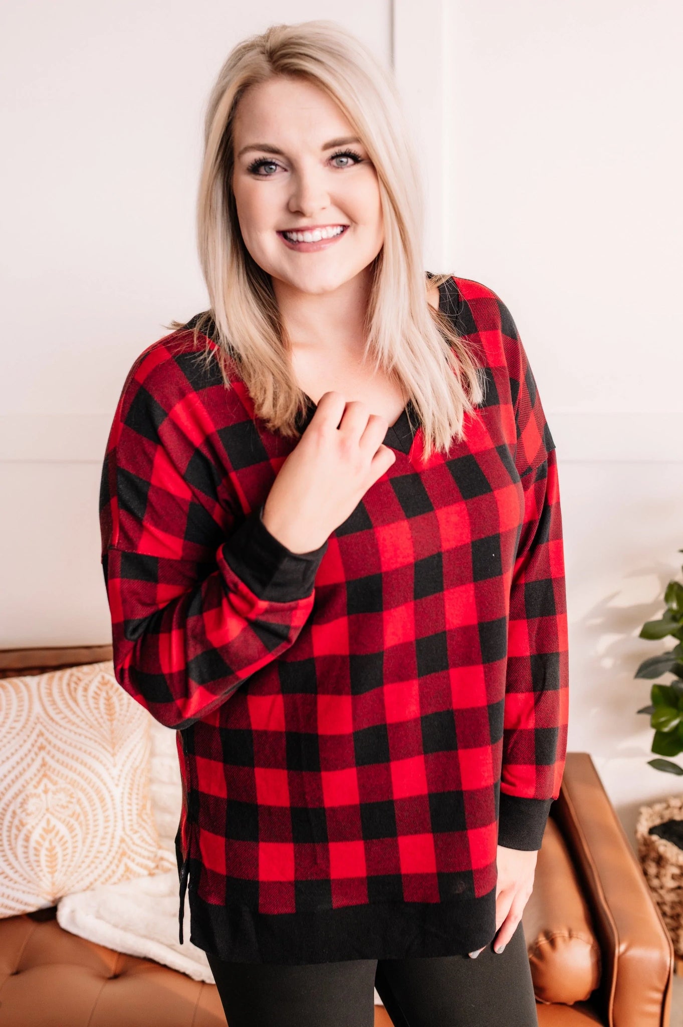 OUTLET Tell Me Lies V Neck Top In Buffalo Plaid