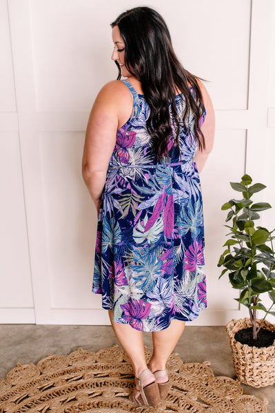 Printed Palm Dress With Tie Belt In Navy Multicolors