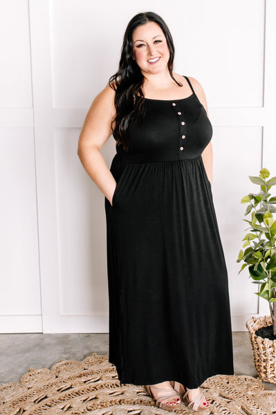 Decorative Button Front Maxi Dress With Pockets In Midnight Black