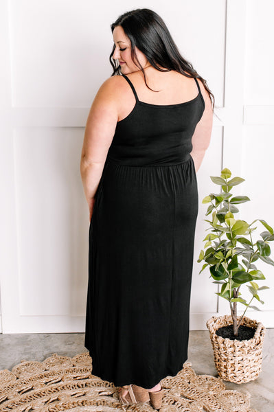 Decorative Button Front Maxi Dress With Pockets In Midnight Black