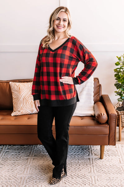 OUTLET Tell Me Lies V Neck Top In Buffalo Plaid