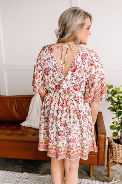 Saving The Best Boho Floral Tie Back Dress in Coral