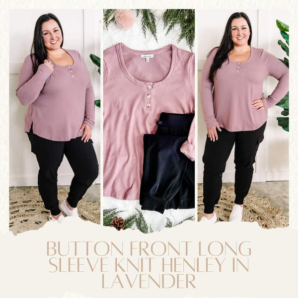 Button Front Long Sleeve Knit Henley In Lavender