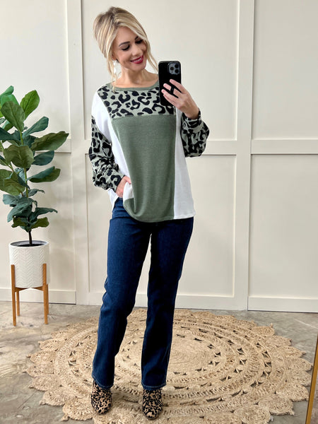 Color Block Long Sleeve Top In Sage & Leopard