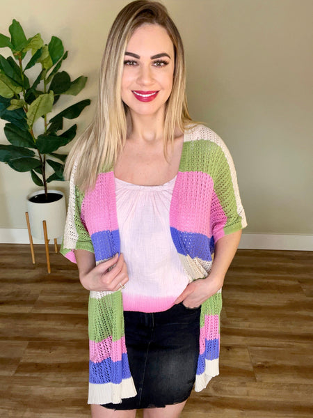 Striped Open Knit Cardigan In Pink, Green, Tan & Blue