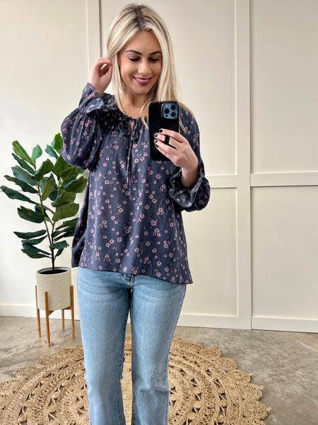 Ditsy Dot Top In Navy & Plum Floral