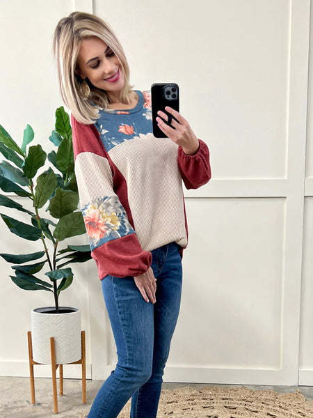 Cream Color Block Top In Rustic Fall Florals