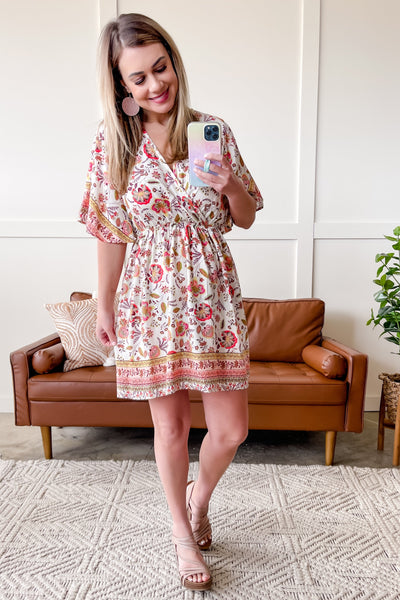 Saving The Best Boho Floral Tie Back Dress in Coral