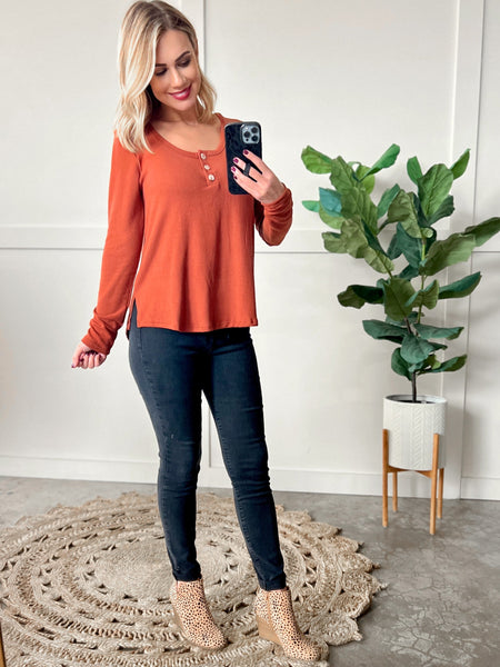 Button Front Long Sleeve Knit Henley In Pumpkin Spice