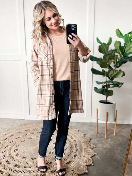 Plaid Button Up Tunic In Beige & Pink