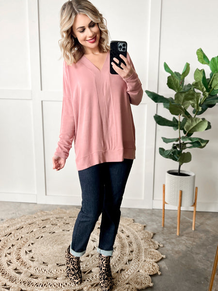 Long Sleeve V Neck Tunic Top In Dusty Rose