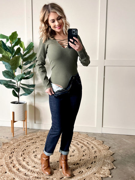 Lace Up Long Sleeve Bodysuit In Olive