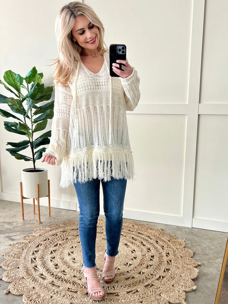 Crochet Open Knit Cover Up Sweater With Fringe Hem In Soft Neutral