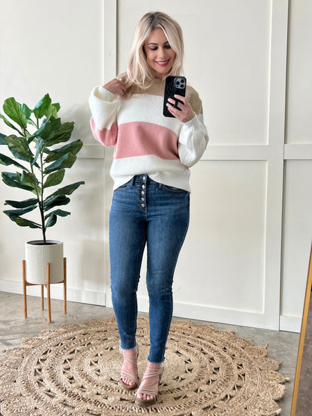 Soft Knit Sweater In Blush, Ivory & Tan