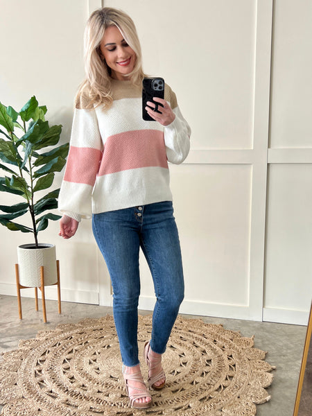 Soft Knit Sweater In Blush, Ivory & Tan