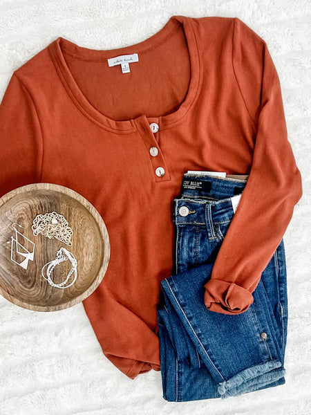 Button Front Long Sleeve Knit Henley In Pumpkin Spice