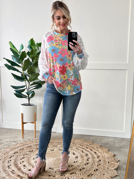 Lace Detailed Sleeve Top In Summertime Florals