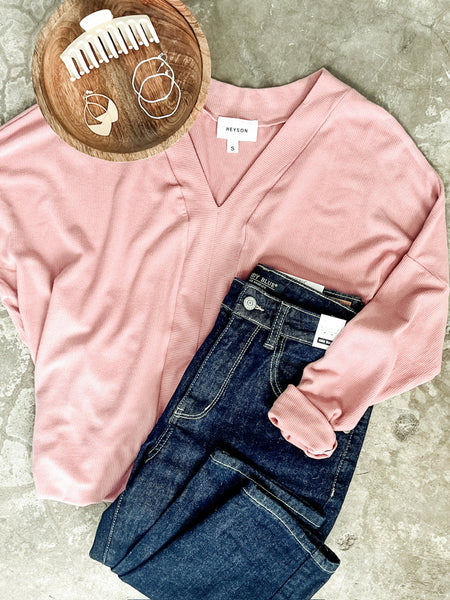 Long Sleeve V Neck Tunic Top In Dusty Rose