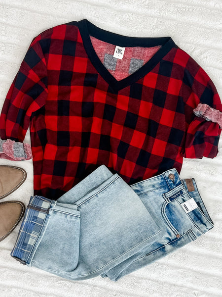 V Neck Long Sleeve Knit Top In Red Buffalo Plaid